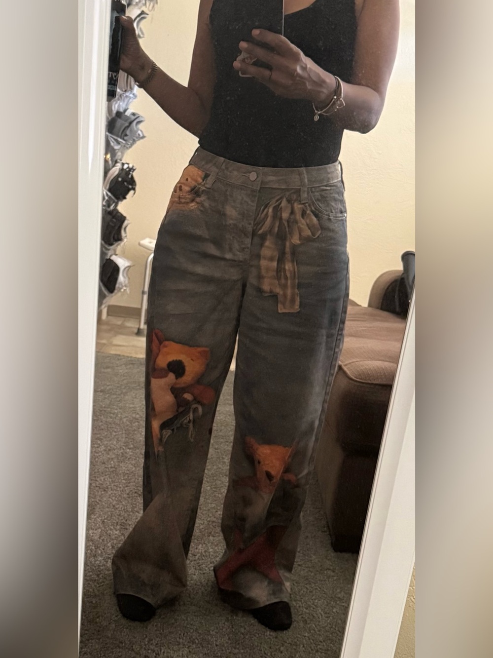 Wide-Leg Teddy Beat Print Jeans in Washed Blue and Brown - Picture 5 of 5